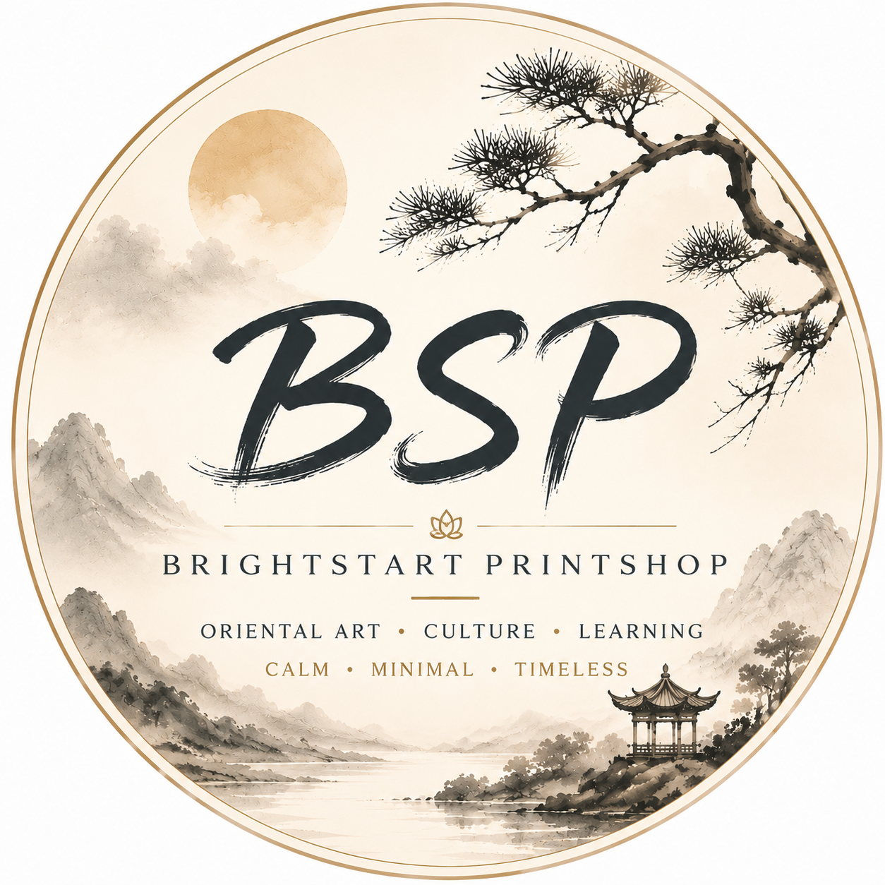 BrightStart PrintShop logo with minimalist oriental ink wash landscape, pine branch, and mountain scenery