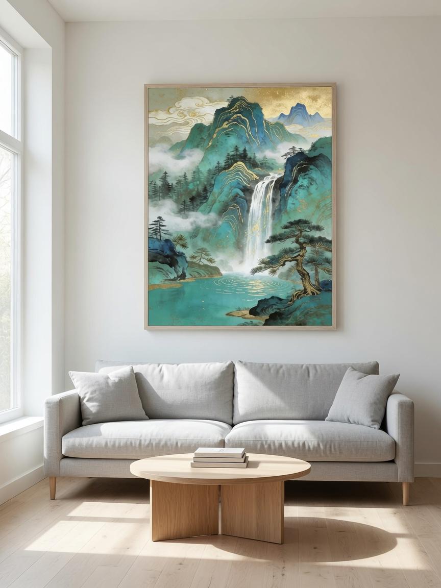 Emerald and teal waterfall landscape wall art above a cream sofa in a neutral living room.