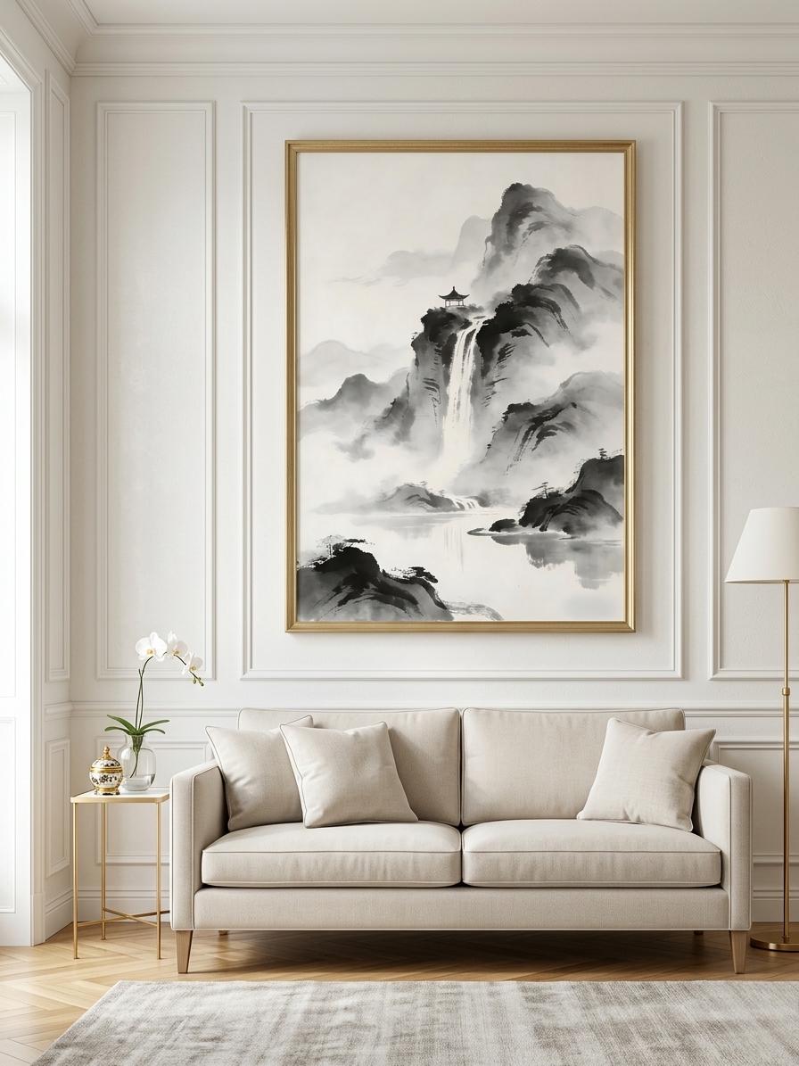 Black ink mountain landscape with a pavilion and waterfall above a white sofa in a light living room.