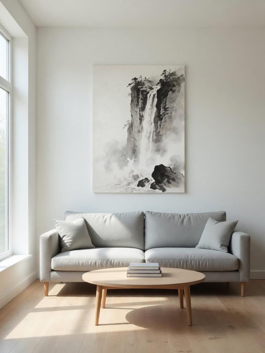 Black-and-white ink waterfall wall art above a gray sofa in a bright living room.