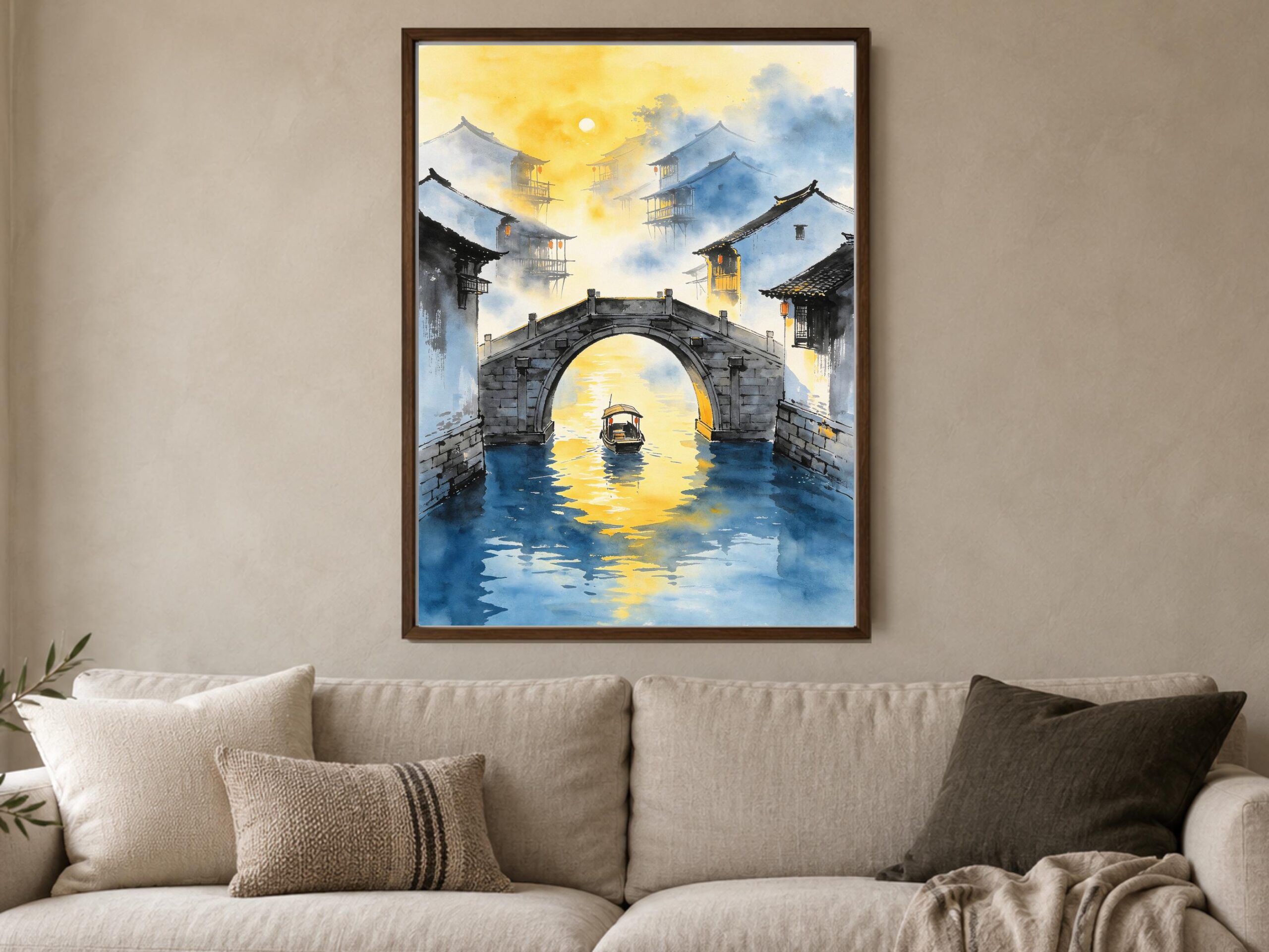 Blue and gold Jiangnan stone bridge and boat wall art above a cream sofa in a living room.