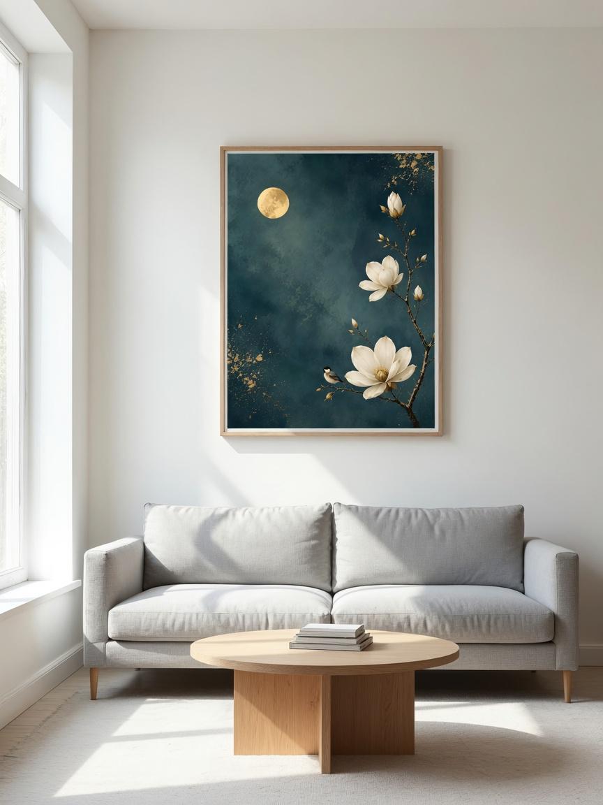 Dark teal magnolia and bird wall art with a gold moon above a gray sofa in a neutral living room.
