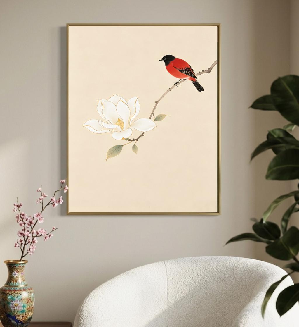 White magnolia and red bird wall art above a cream chair in a neutral sitting corner.