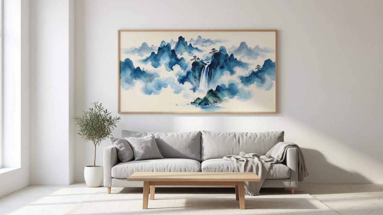 Blue mountain and waterfall wall art above a gray sofa in a bright neutral living room.