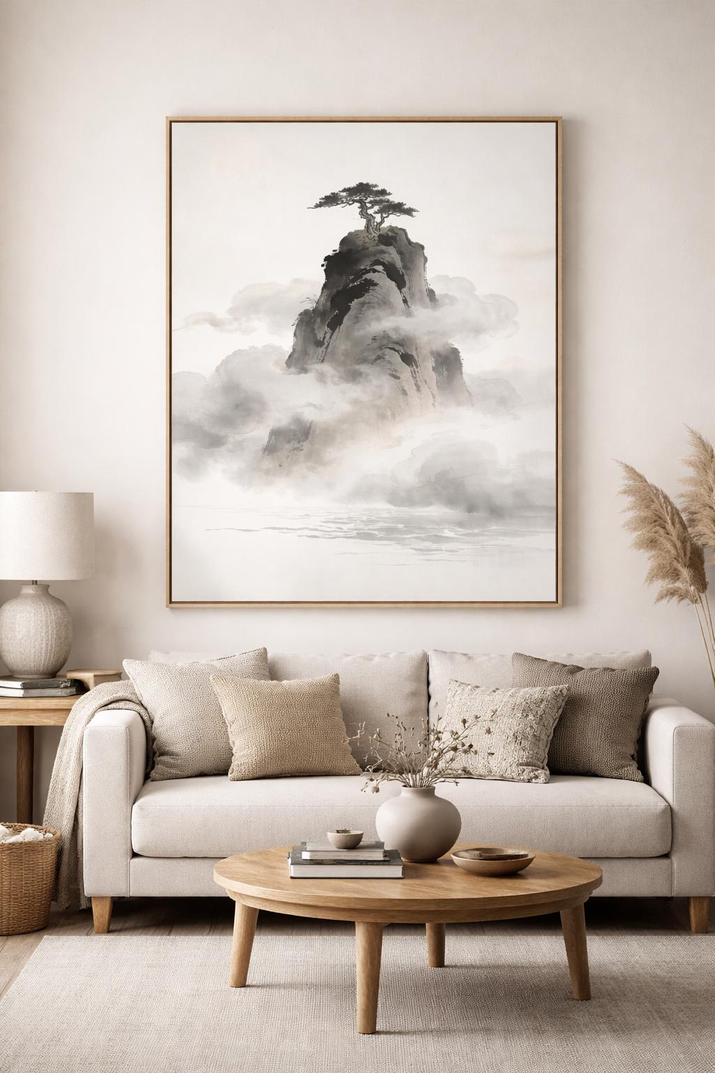 Misty mountain and lone pine wall art above a cream sofa in a warm neutral living room.