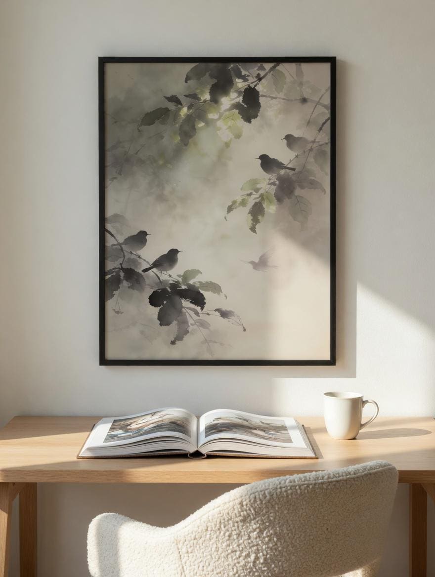 Birds on misty branches wall art above a light wood desk with books in a reading corner.