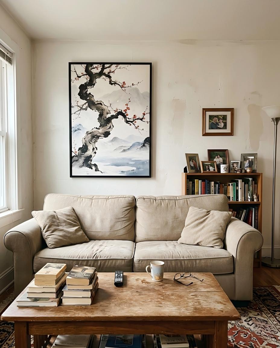 Winter plum blossom landscape wall art above a sofa in a living room with books and framed photographs.