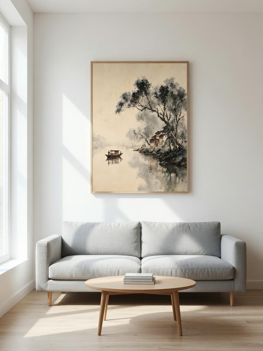 Jiangnan river landscape wall art above a gray sofa in a neutral living room.