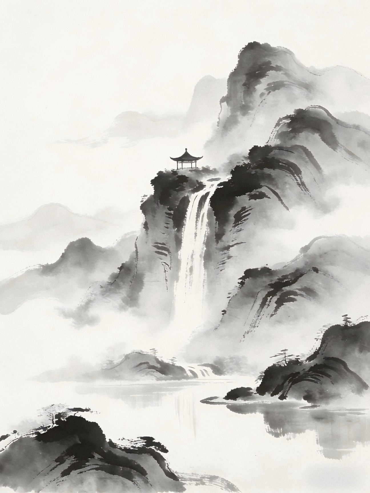 Monochrome Chinese ink wash mountain waterfall with pavilion and mist