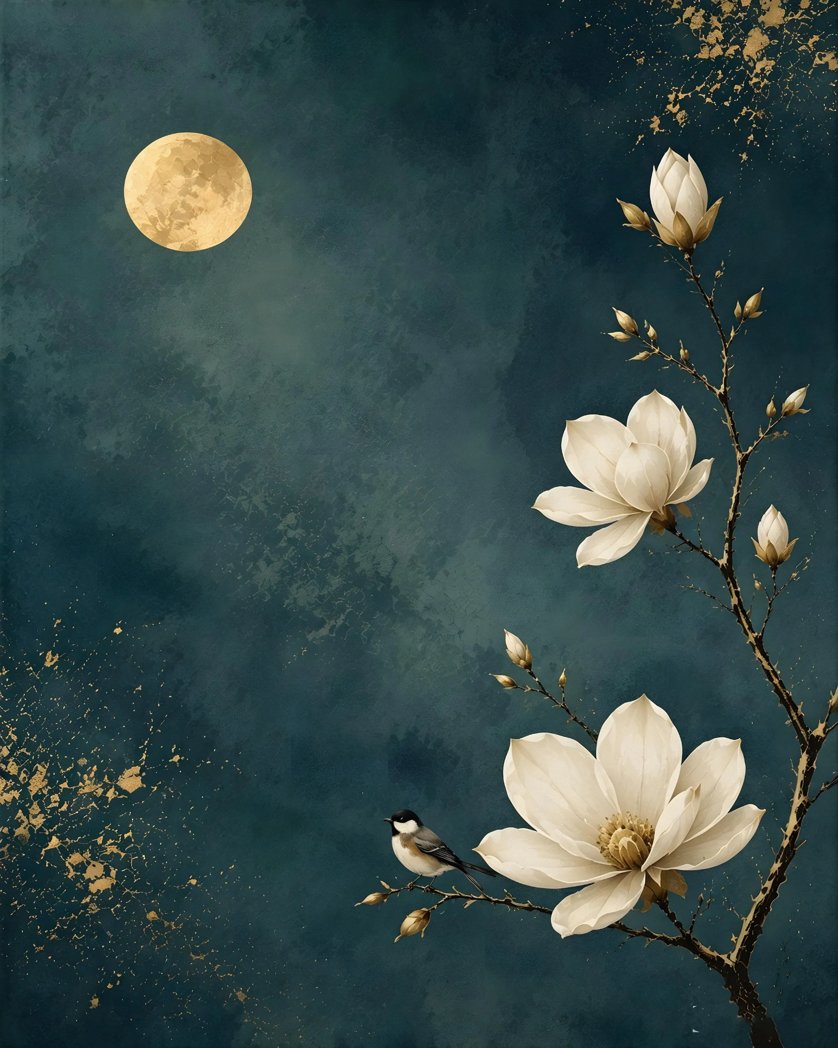 White magnolia blossoms with a small bird and gold moon on deep teal background