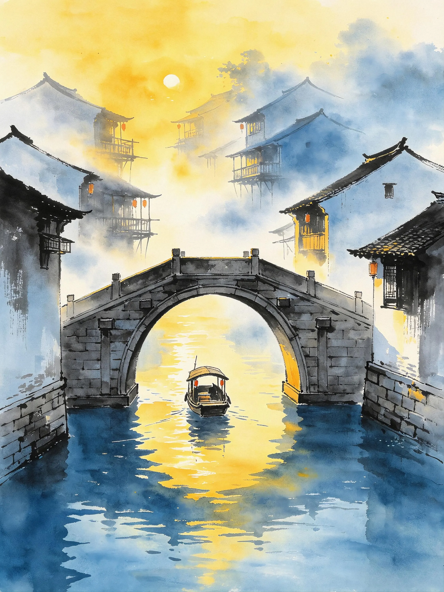 Blue and golden Jiangnan water town scene with stone bridge and boat
