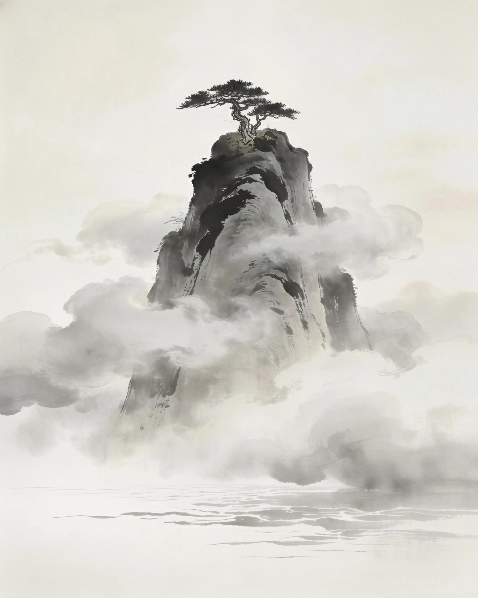 Minimal misty mountain landscape with pine tree in Chinese ink wash style