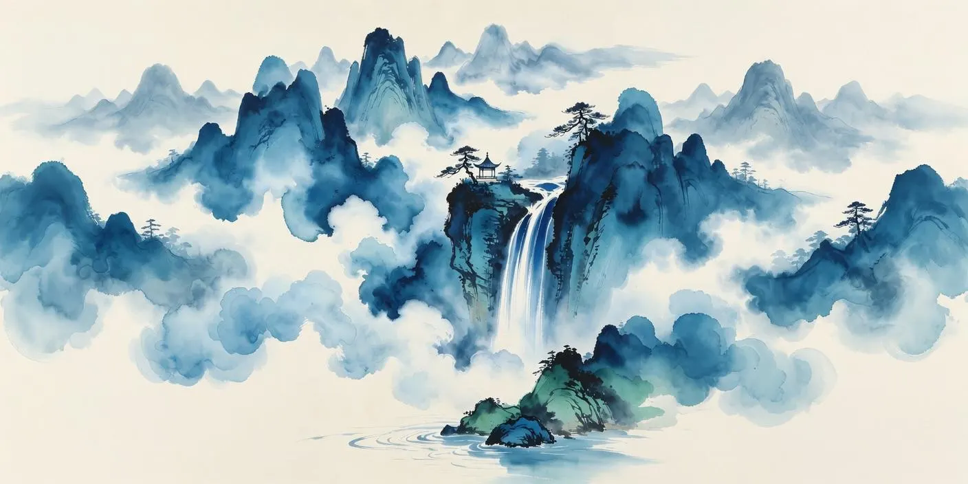 Blue Chinese-inspired mountain waterfall wall art with misty peaks and pavilion