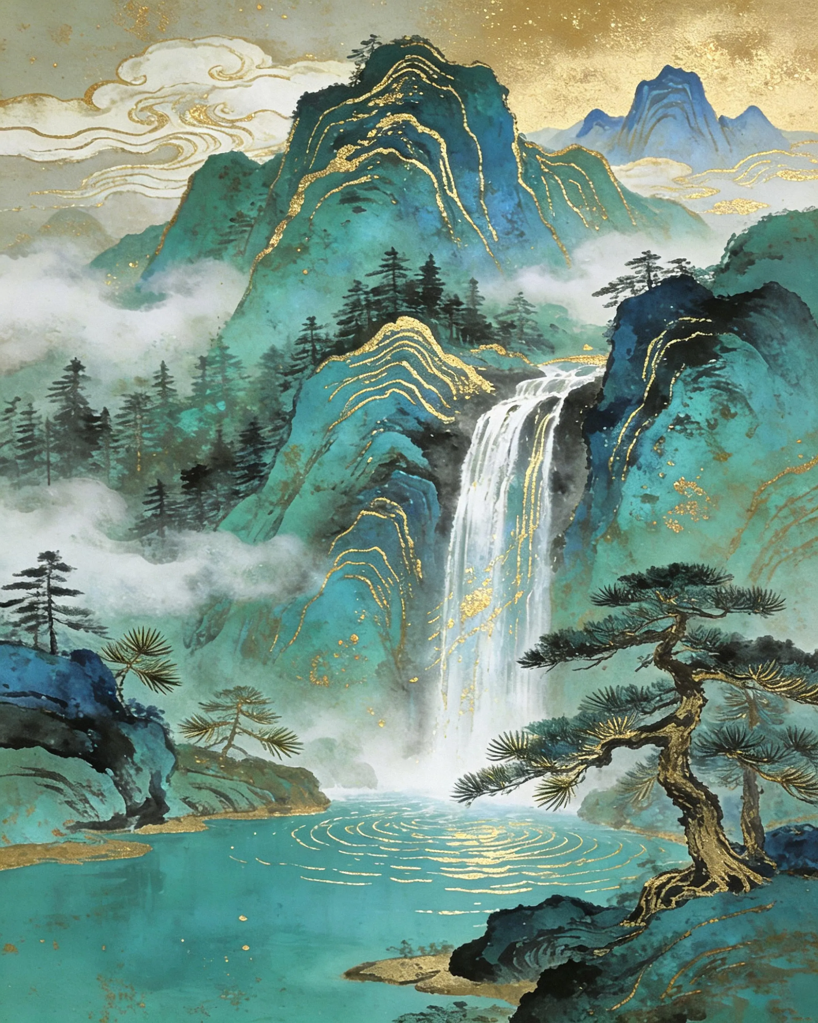 Emerald and gold mountain waterfall wall art with pine trees