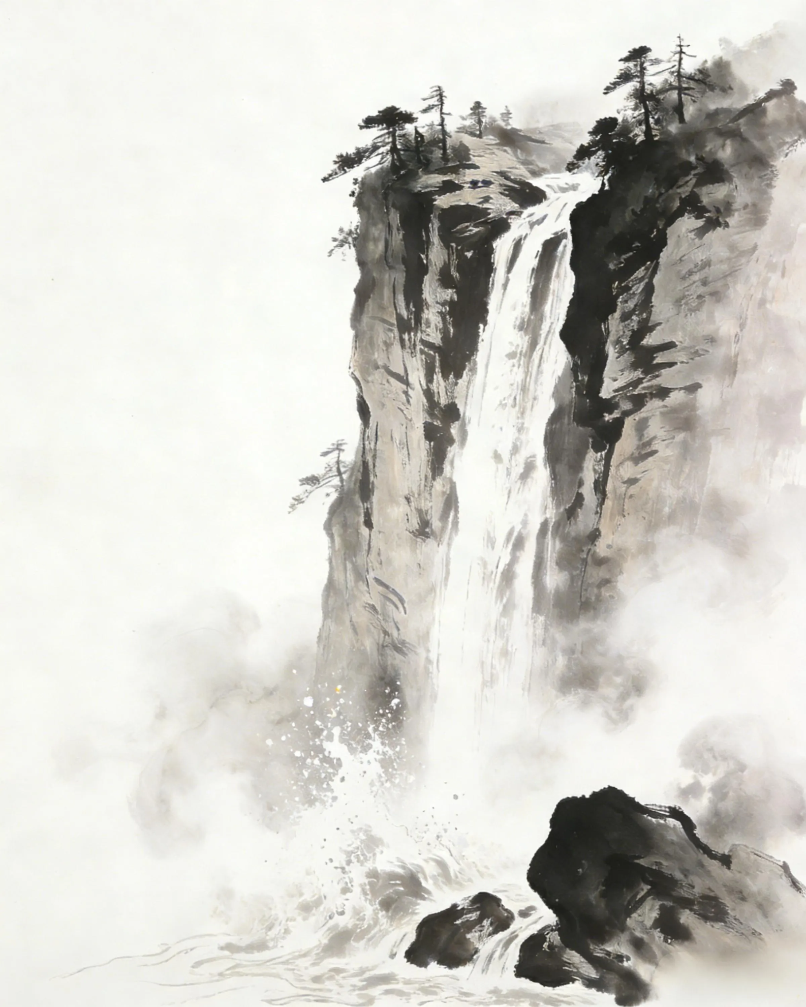 Black and gray Chinese ink wash waterfall descending from a misty cliff
