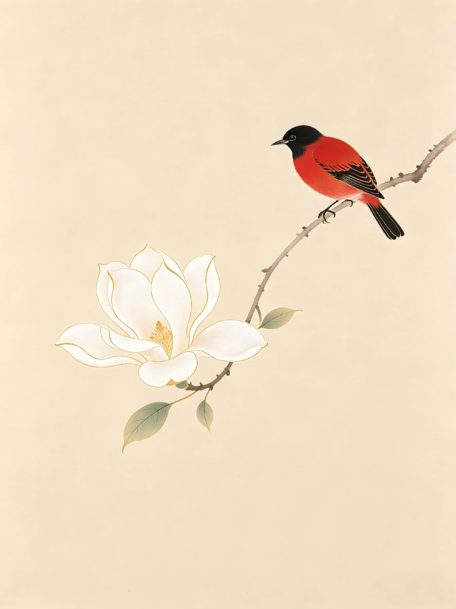 Red bird perched above a white magnolia blossom on warm cream background