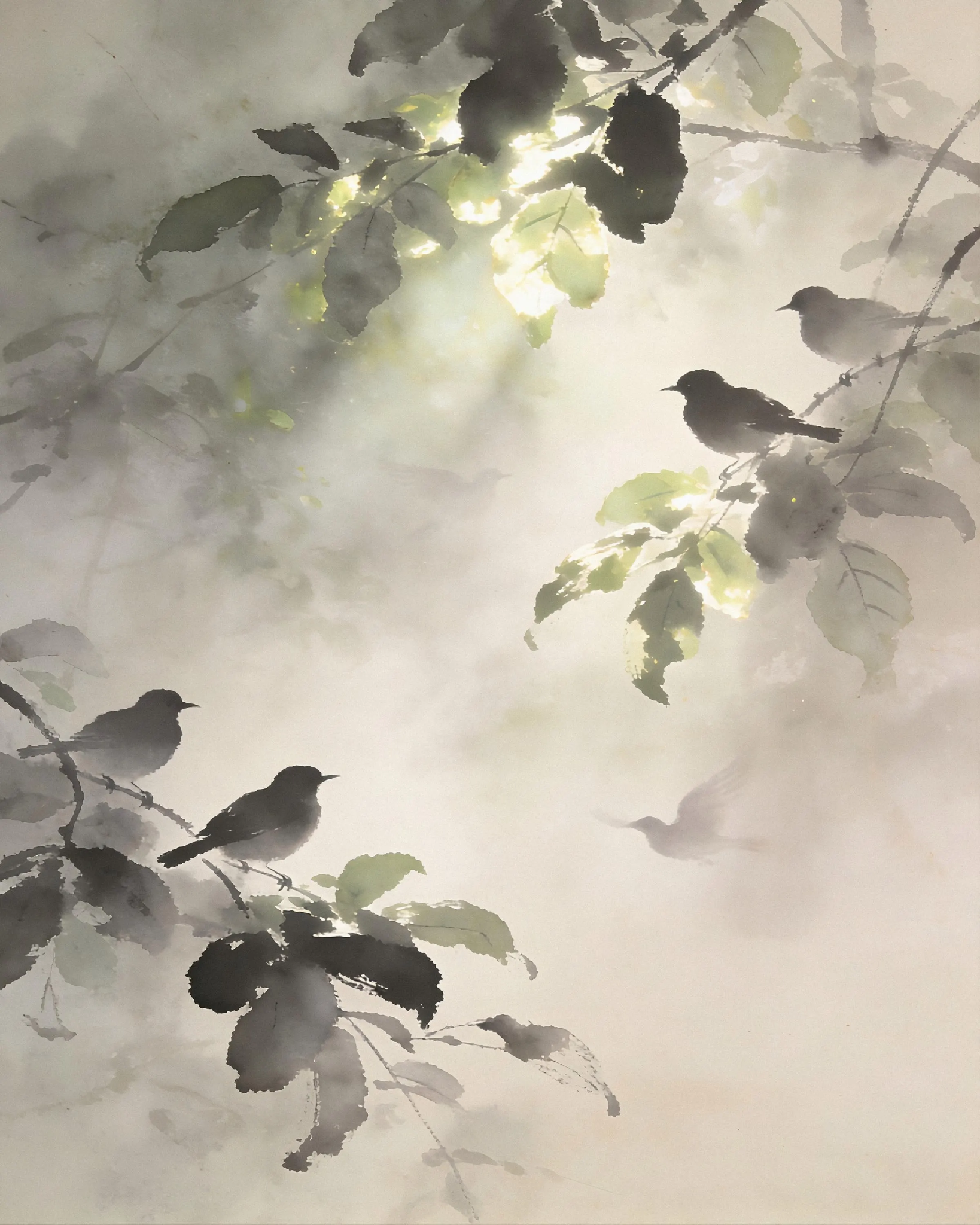 Soft gray watercolor branches with small birds in morning light