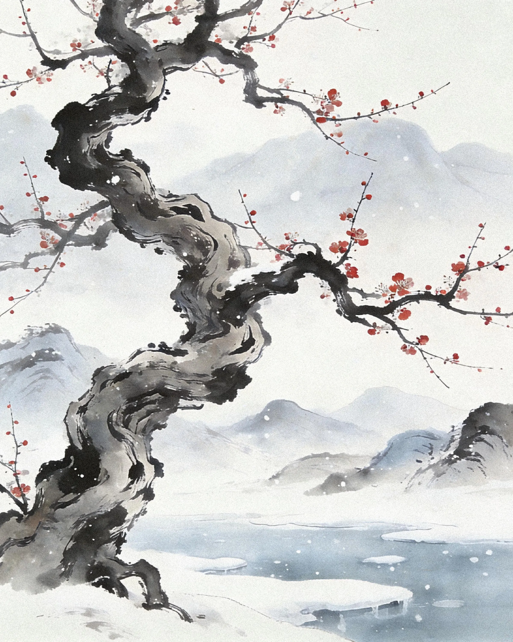Snowy ink wash landscape with old plum tree and red blossoms