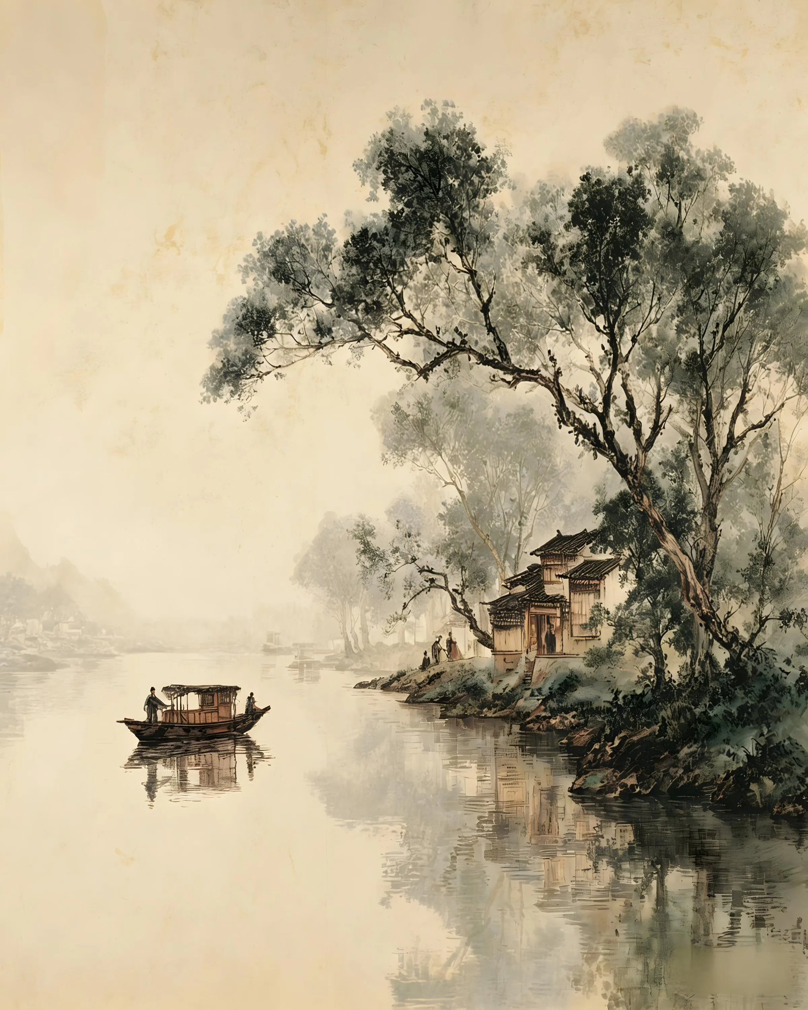 Warm neutral Jiangnan riverside landscape with boat, trees, and traditional house