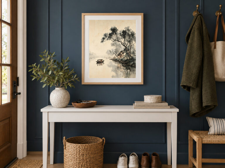 Framed riverside scene with an old tree, house and boat above a console against a deep blue entryway wall.
