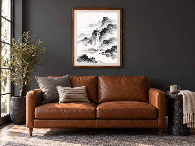 Framed ink landscape with a pavilion and waterfall above a brown leather sofa against a charcoal wall.