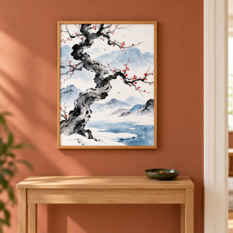 Winter plum blossom print in a light wood frame above an oak console against a terracotta entryway wall.